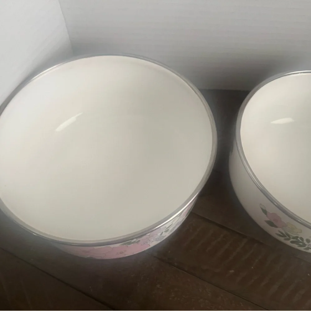 Vintage Kobe Kitchen Bowls Floral Pattern Enamel Metal Mixing Nesting Bowls